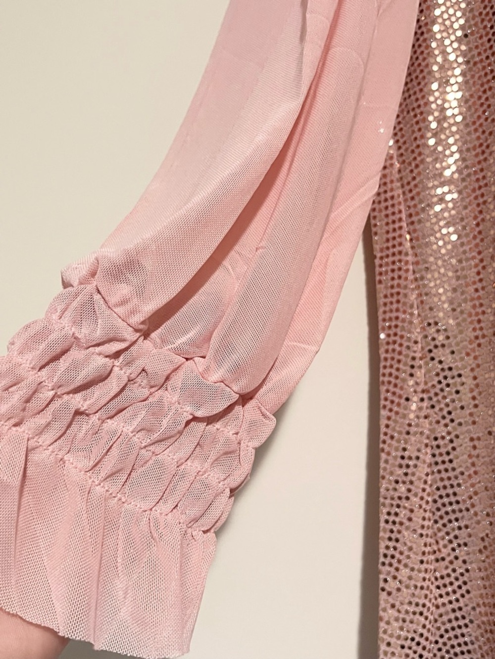 Origami Sequin Blush Pink Mini Dress with Sheer Sleeves - Picture 3 of 9